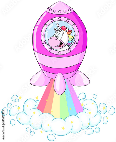 Niedliches Einhorn in Regenbogen-Rakete Vektor Illustration