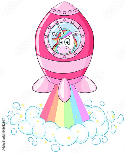 Niedliches Einhorn in Regenbogen-Rakete Vektor Illustration