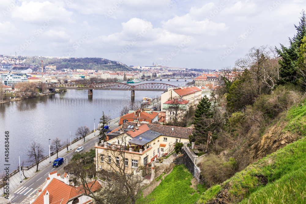 Bridges on the Vltava River. View from Vyshegrad rock in the early spring on a sunny day. Area of the old town in Prague, Czech Republic.