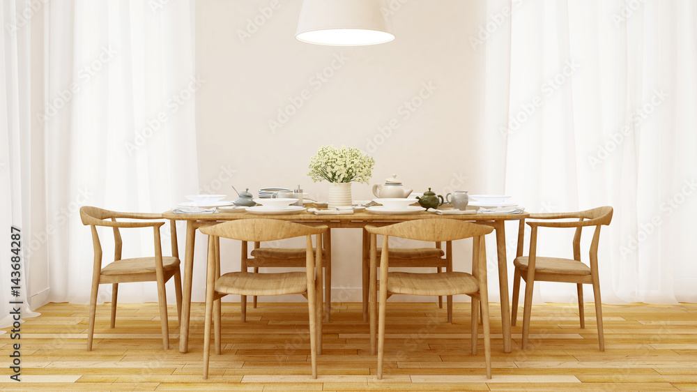 Dining room wooden style and clean design  - 3D Rendering