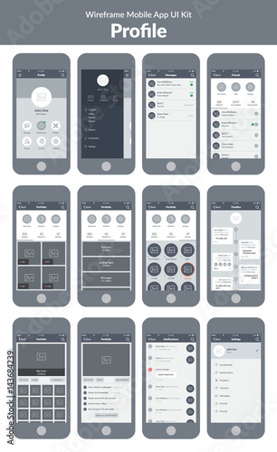 Wireframe UI kit for mobile phone. Mobile App. Menu, messages. notifications, friends, timeline, settings, portfolio, works, projects and rating screens.