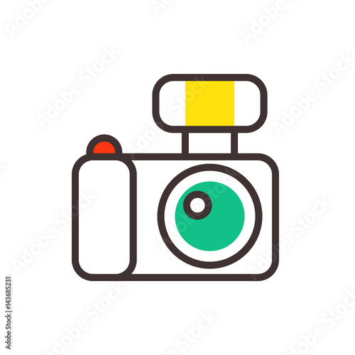 Photo camera vector reflection movie instrument on white background and outline type objective equipment line art professional look illustration.