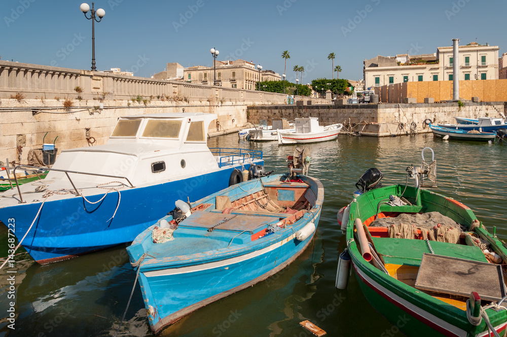 Fishing boats in the city of Syracuse, Sicily