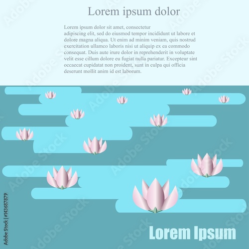 Flat design background with blue water and pink lotos, Lorem ipsum stock vector illustration