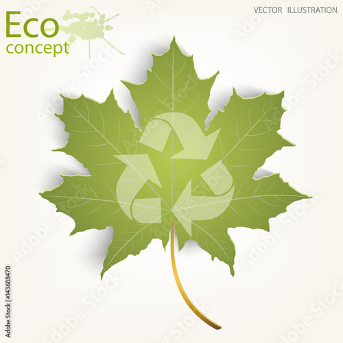 The triangular recycle symbol on a green leaf.