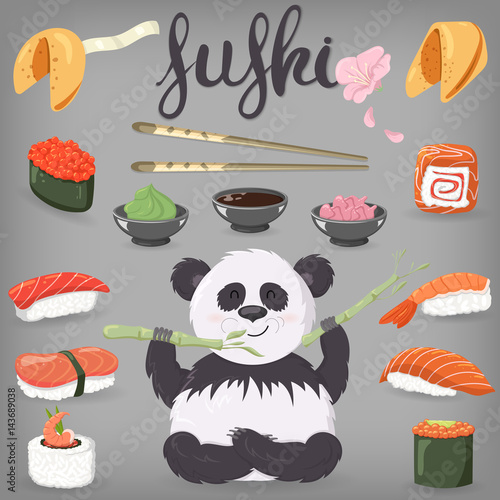 A set of Japanese dishes. Sushi, wasabi, ginger, cookies.