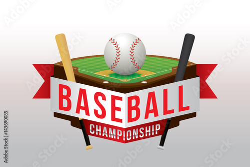 Vector of baseball championship badge design with field background.