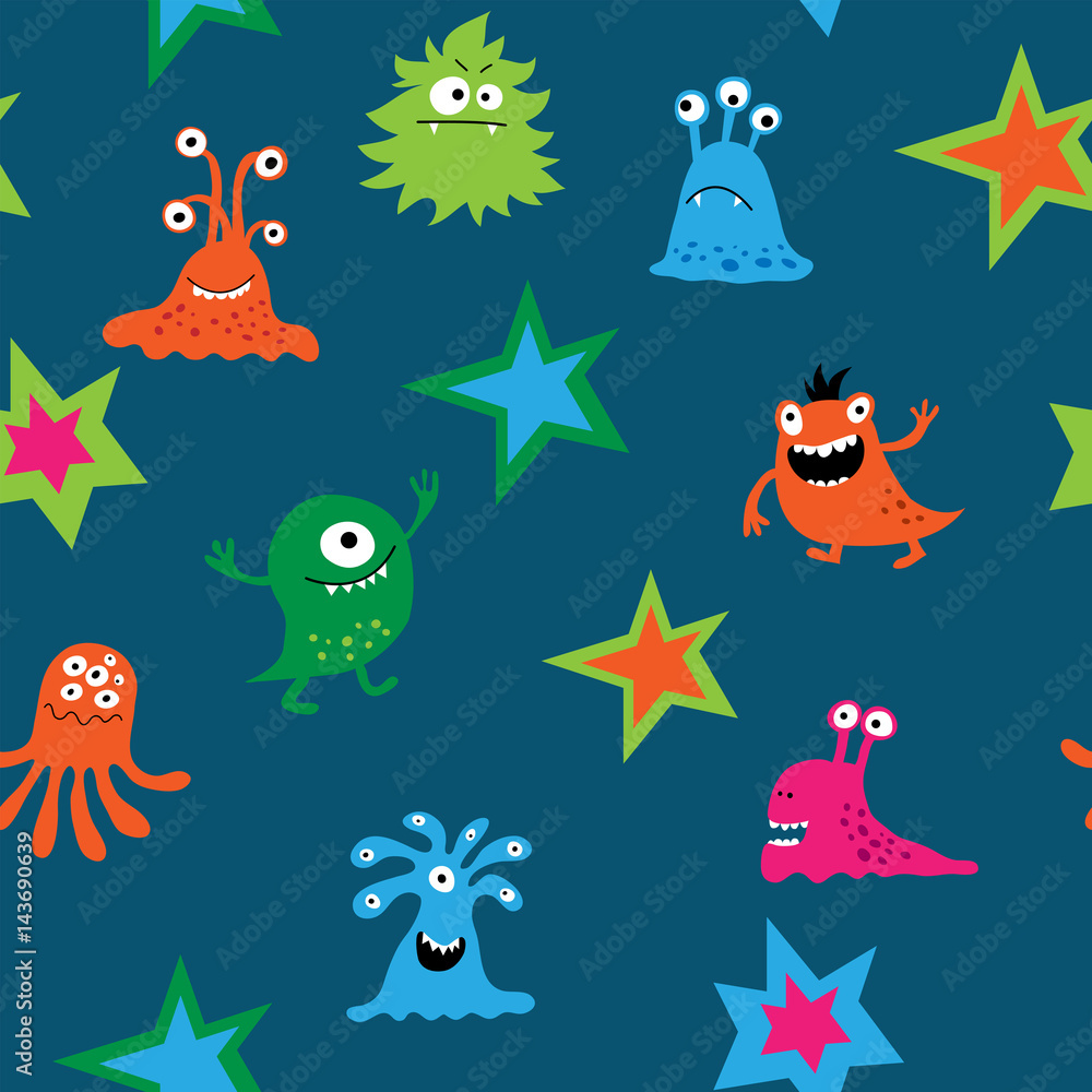 Seamless texture with cartoon monsters on a blue background Seamless texture with cartoon monsters on a blue background