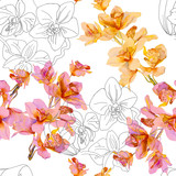 Floral seamless pattern. Watercolor sketch orchids. Contour drawing