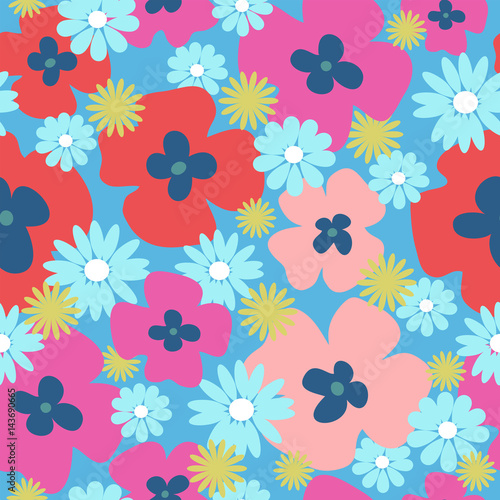 Seamless floral texture with poppies on a blue background