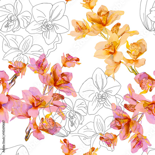 Fototapeta Naklejka Na Ścianę i Meble -  Floral seamless pattern. Watercolor sketch orchids. Contour drawing