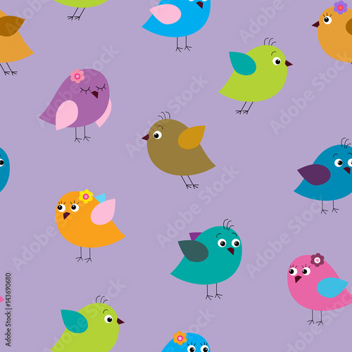 Seamless texture with cartoon birds on a lilac background