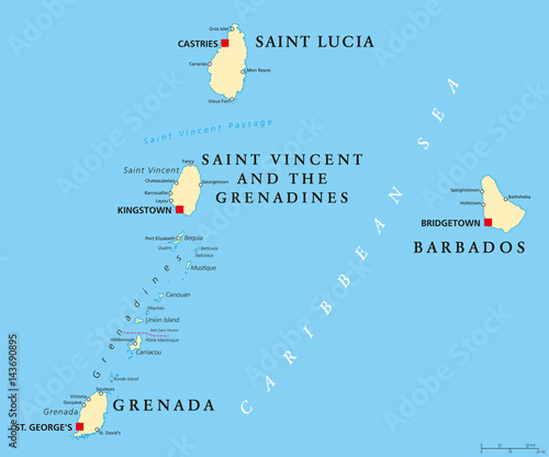 Barbados, Grenada, Saint Lucia, Saint Vincent and the Grenadines political map. Island countries in the Caribbean, part of Lesser Antilles and Windward Islands. Illustration. English labeling. Vector.