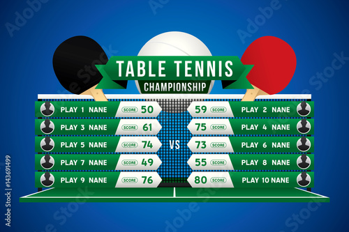 Table tennis championship design with players and scoreboard on green table.