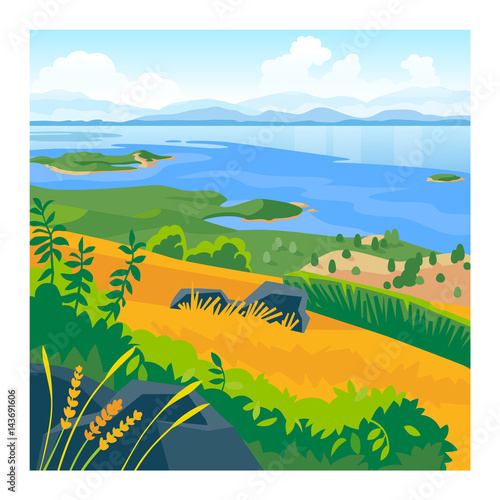 Summer landscape with sea and mountains vector illustration 