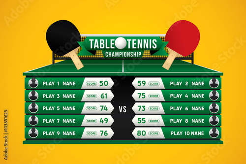 Table tennis championship design with players and scoreboard on green table.