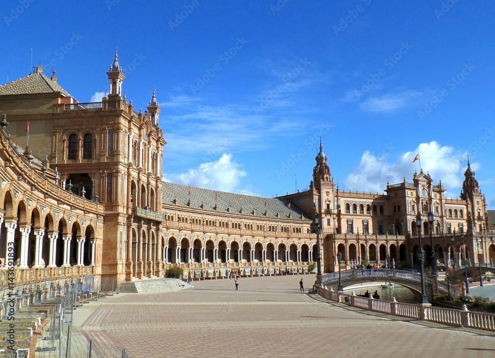 Stunning Architecture at Plaza de Espana under Vivid Blue Sky, Seville of Spain 