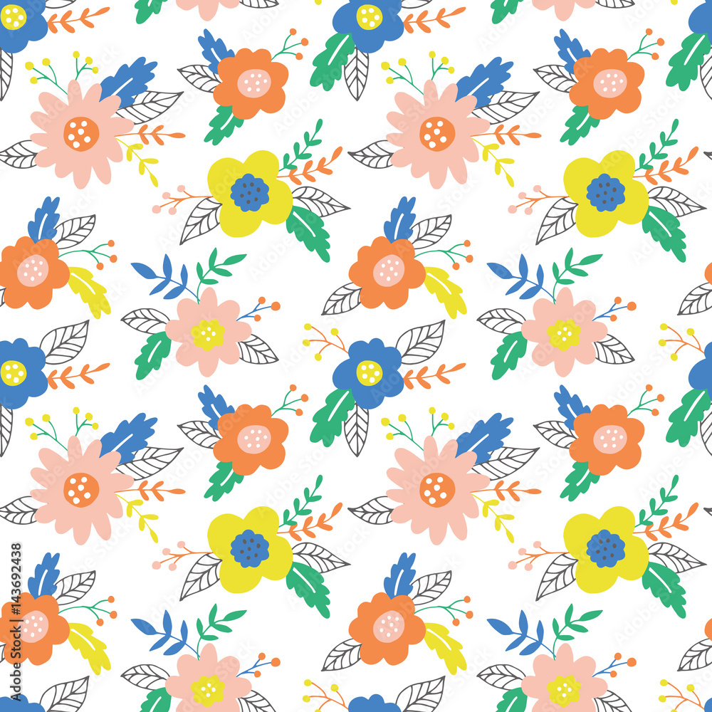 Seamless pattern with hand drawn flowers and leaves. Can be used for wrapping paper, wedding invitation, wallpaper and textile design. Vector illustration