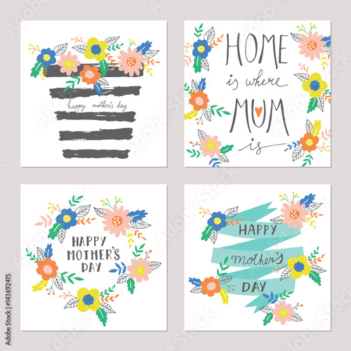Mothers day greeting card set  with hand drawn cute flowers. Isolated vector illustration