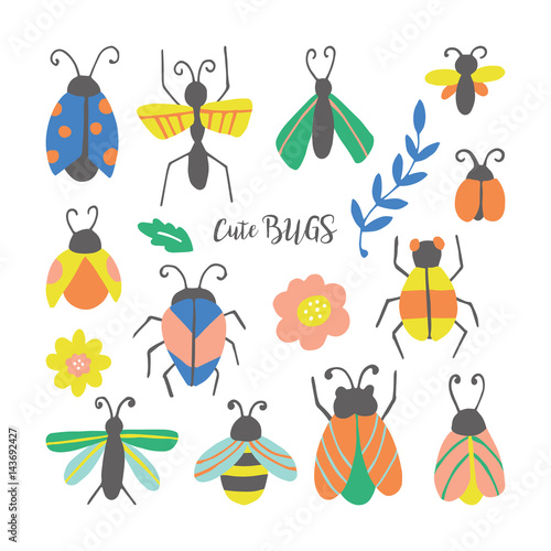 Hand drawn cute bugs and beetles set. Can be used for stickers, pins and fashion patches design. Vector illustration