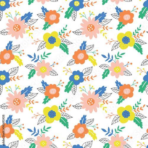 Seamless pattern with hand drawn flowers and leaves. Can be used for wrapping paper, wedding invitation, wallpaper and textile design. Vector illustration