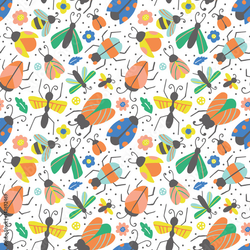 Seamless pattern with hand drawn cute bugs and beetles. Can be used for wrapping paper, wallpaper and textile design. Vector illustration