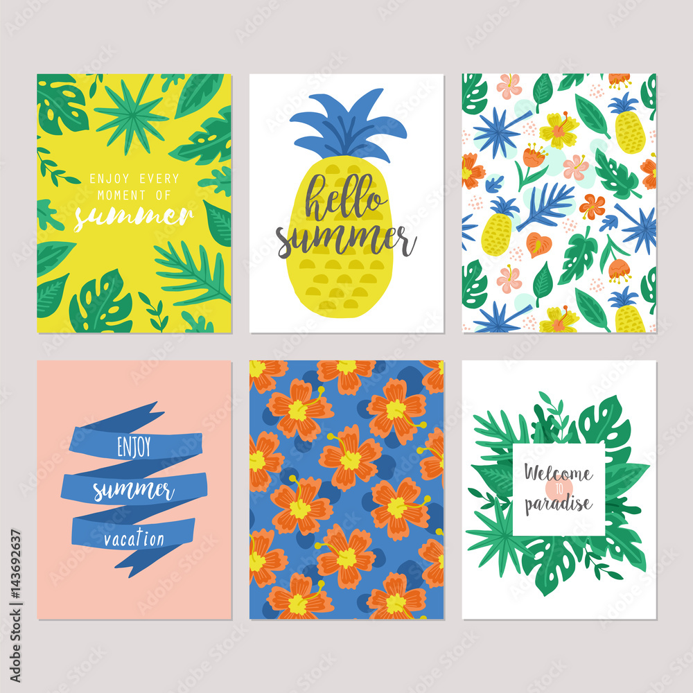 Summer holiday vacation greeting card set with hand drawn cute tropical  flowers, palm tree leaves and pineapple. Isolated vector illustration Stock  Vector | Adobe Stock