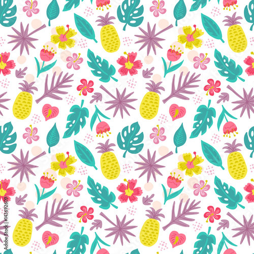 Seamless pattern with hand drawn summer tropical leaves and flowers. Can be used for wrapping paper, wedding invitation, wallpaper and textile design. Vector illustration