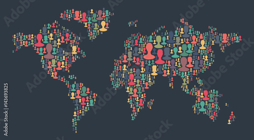 The map of the world made of plenty people silhouettes. Collection of different people portraits placed as world map shape. World map made out of large group of people silhouettes