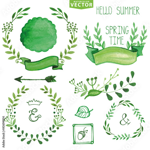 Watercolor Green brunches laurels wreath.Spring,summer decor set