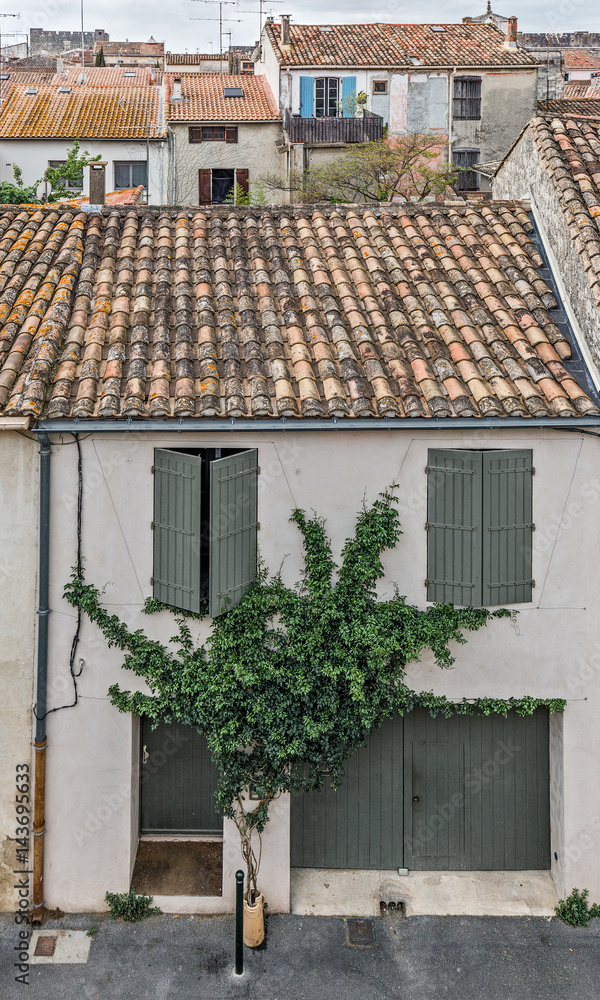 Old tilled roofs on the narrow street with alone tree of the ancient city of Aigues-Mortes - Provence, France