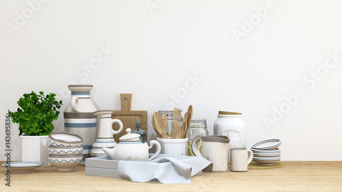 Kitchen set bule white tone on wooden floor- 3D rendering