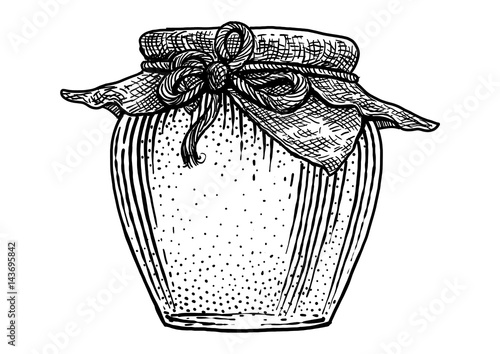Glass, jar, honey illustration, drawing, engraving, ink, line art, vector