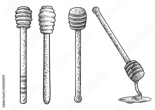Wooden honey stick illustration, drawing, engraving, ink, line art, vector