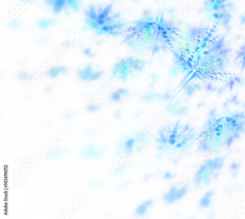 Abstract white fractal background. Transparent feathery texture. Blue and tuquoise spots pattern. Ice and snowflakes blurred on background.