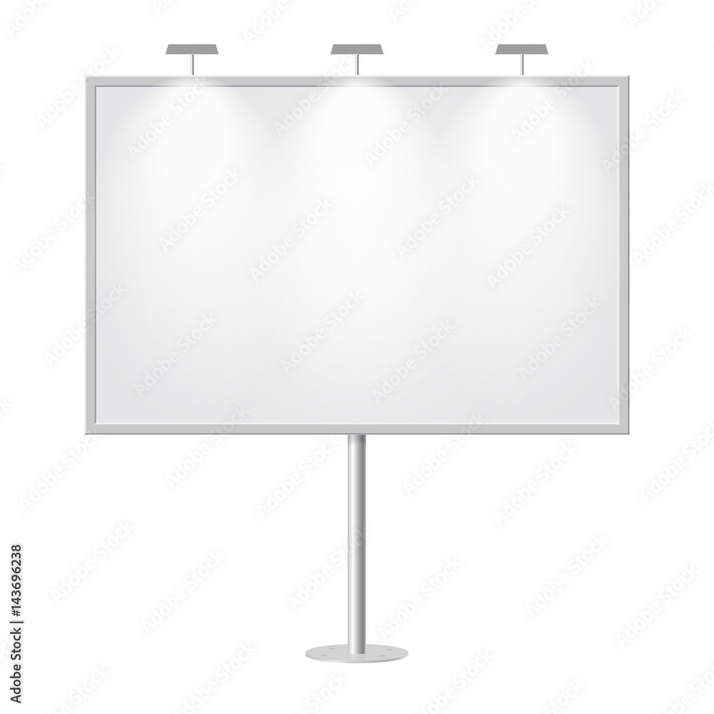 Blank billboard with empty copy space, stand on one bar support. Outdoor board with single stand, in vector. White mockup with frame for message, commercial or presentation, rectangle and horizontal. Blank billboard with empty copy space, stand on one bar support. Outdoor board with single stand, in vector. White mockup with frame for message, commercial or presentation, rectangle and horizontal.