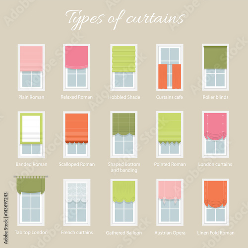 Types of windows curtains and hangings. Window Decor. Vector collection. Flat style.