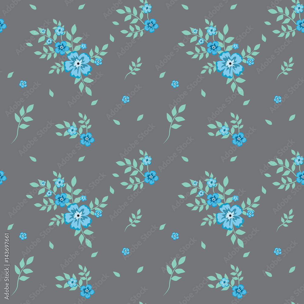 Fototapeta Seamless pattern in a small blue flower on a gray background.Colored seamless background for textile, fabric, cotton fabric, cover, wallpaper, stamp, gift wrapping and scrapbooking. Pastel pattern.