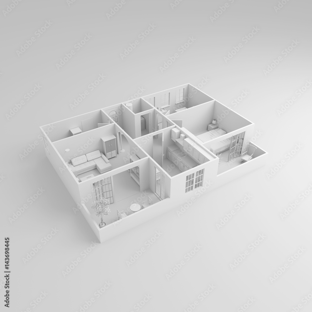 Fototapeta premium Renderowania 3D biały umeblowany apartament w domu