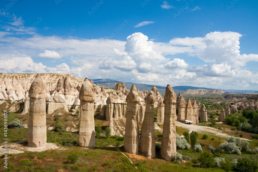 Beautiful Love valley in Goreme village, Cappadocia, Turkey in summertime. Beautiful Love valley in Goreme village, Cappadocia, Turkey in summertime.