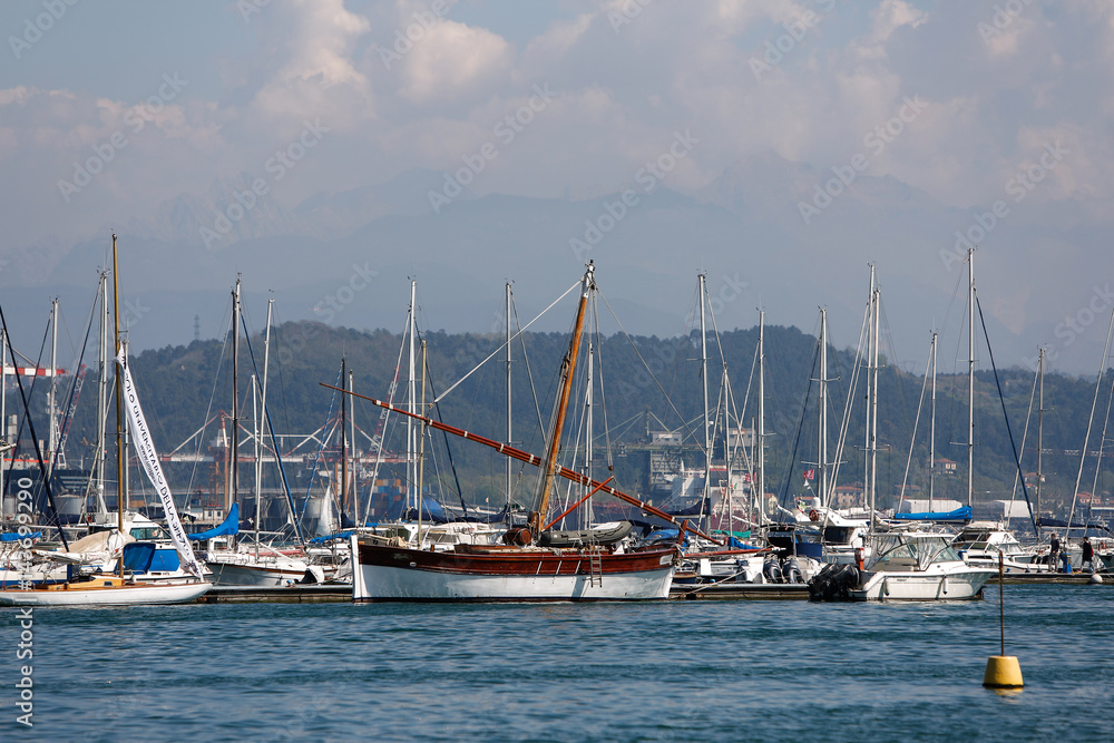 Fototapeta premium Italien, Ligurien, La Spezia, Hafenstadt, Hafen, Schiffe, Boote, Stadtansicht, Urlaub, Industriehafen