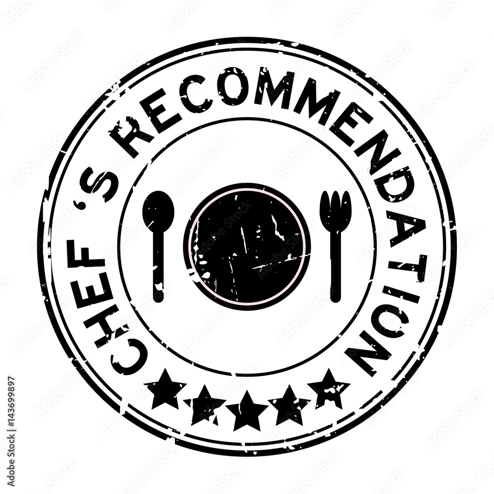Grunge black chef 's recommendation round rubber seal stamp on white background Grunge black chef 's recommendation round rubber seal stamp on white background