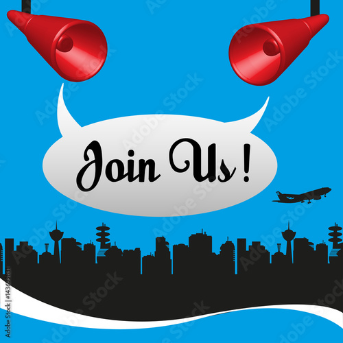 Colorful illustration with the text join us coming out from two red megaphones