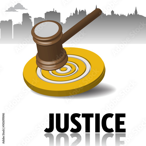 Abstract colorful background with the hammer of justice and the word justice written bellow with black letters. Justice concept