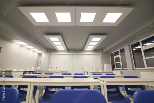 Interior of clean modern white medical, chemical or research room background.