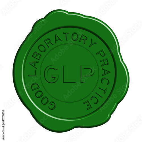 Green GLP (Good Laboratory Practice) wax seal on white background