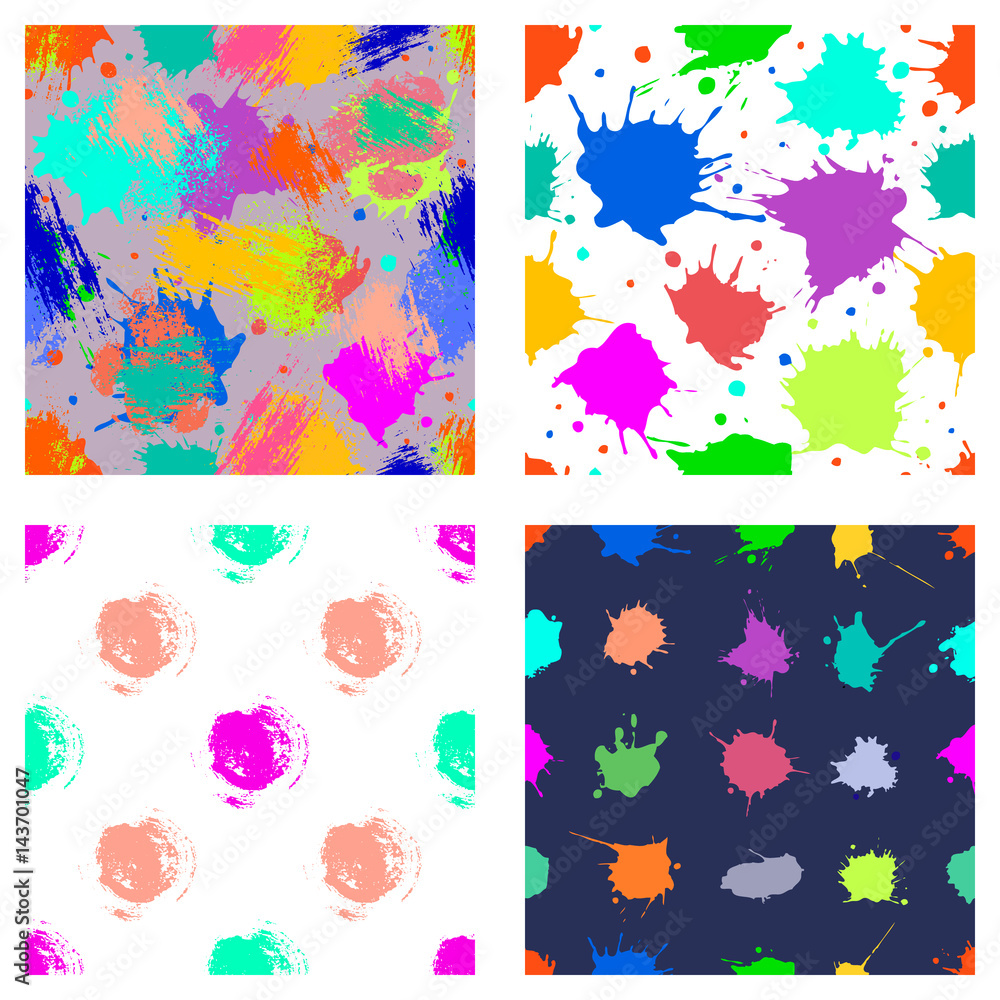 Vector set of seamless patterns, tiles with inc splash, blots, smudge and brush strokes. Grunge endless template for web background, prints, wallpaper, surface, wrapping, repeat elements for design. Vector set of seamless patterns, tiles with inc splash, blots, smudge and brush strokes. Grunge endless template for web background, prints, wallpaper, surface, wrapping, repeat elements for design.