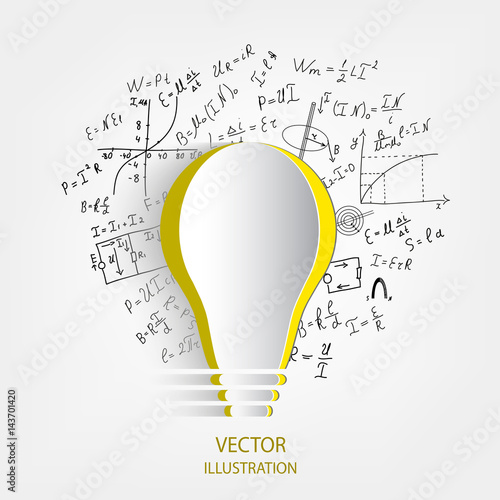 Mathematical equations and formulas around the light bulb