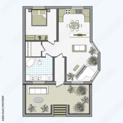 Architectural color floor Plan with furniture top view. 
One bedroom studio apartment. Vector illustration.