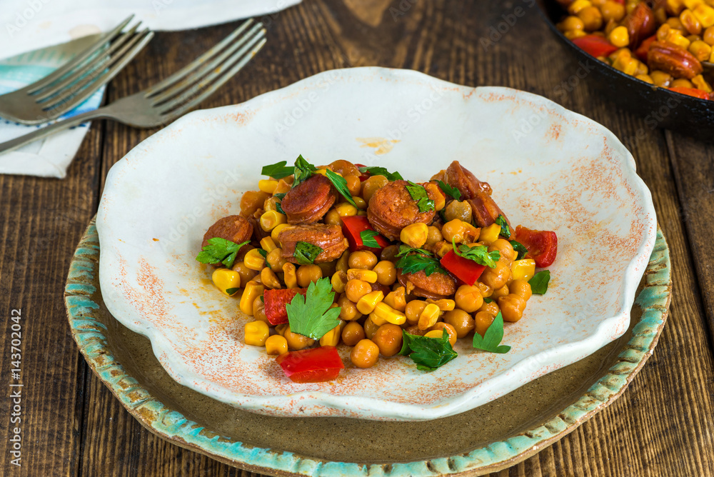 Chorizo and chickpeas braised in cider Chorizo and chickpeas braised in cider